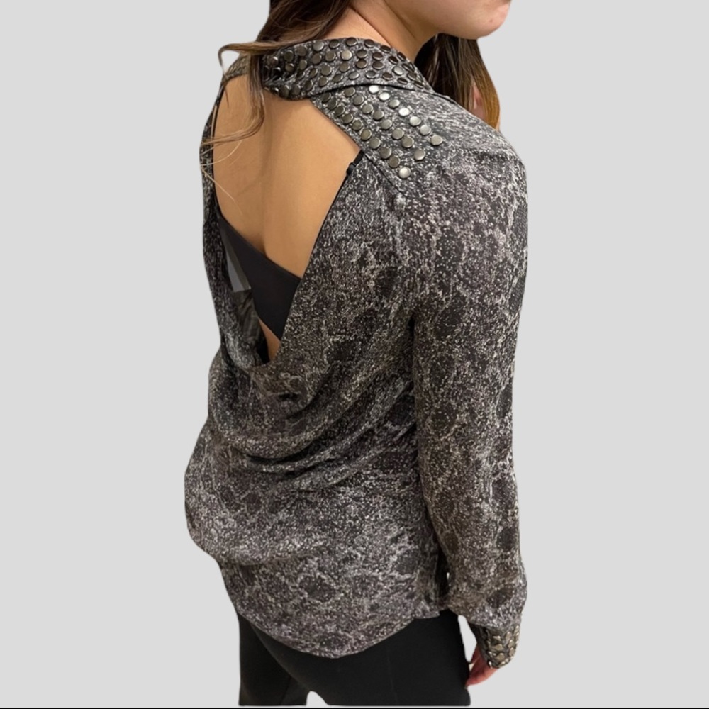 Haute Hippie Silk Button Down Open Back Long Sleeve Studded Blouse Brown Blk XS